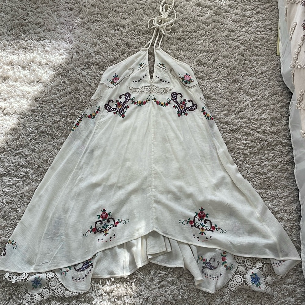 Vintage Free People embroidered handkerchief halter high low dress